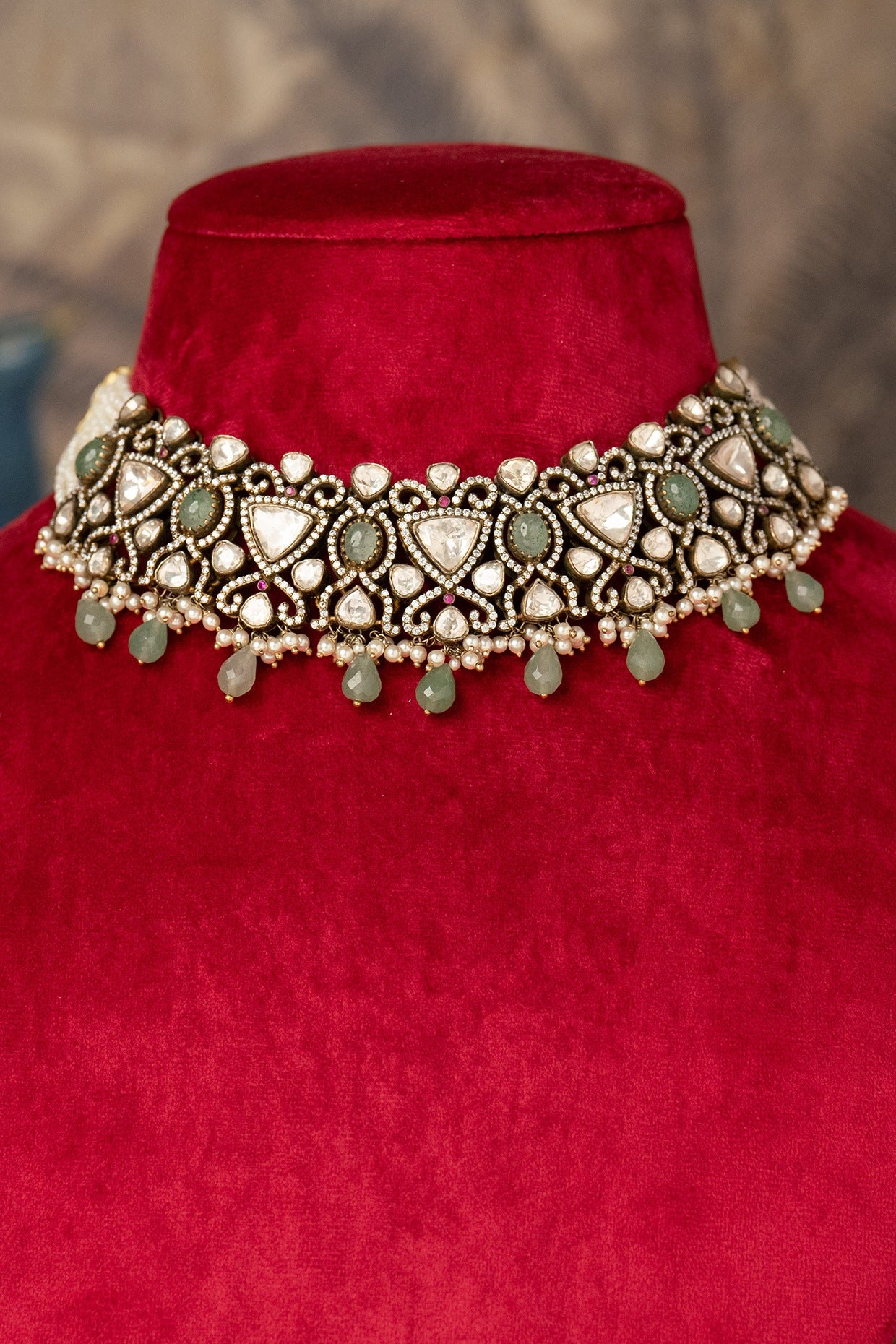 Gold Finish Green Kundan Polki Necklace In Sterling Silver