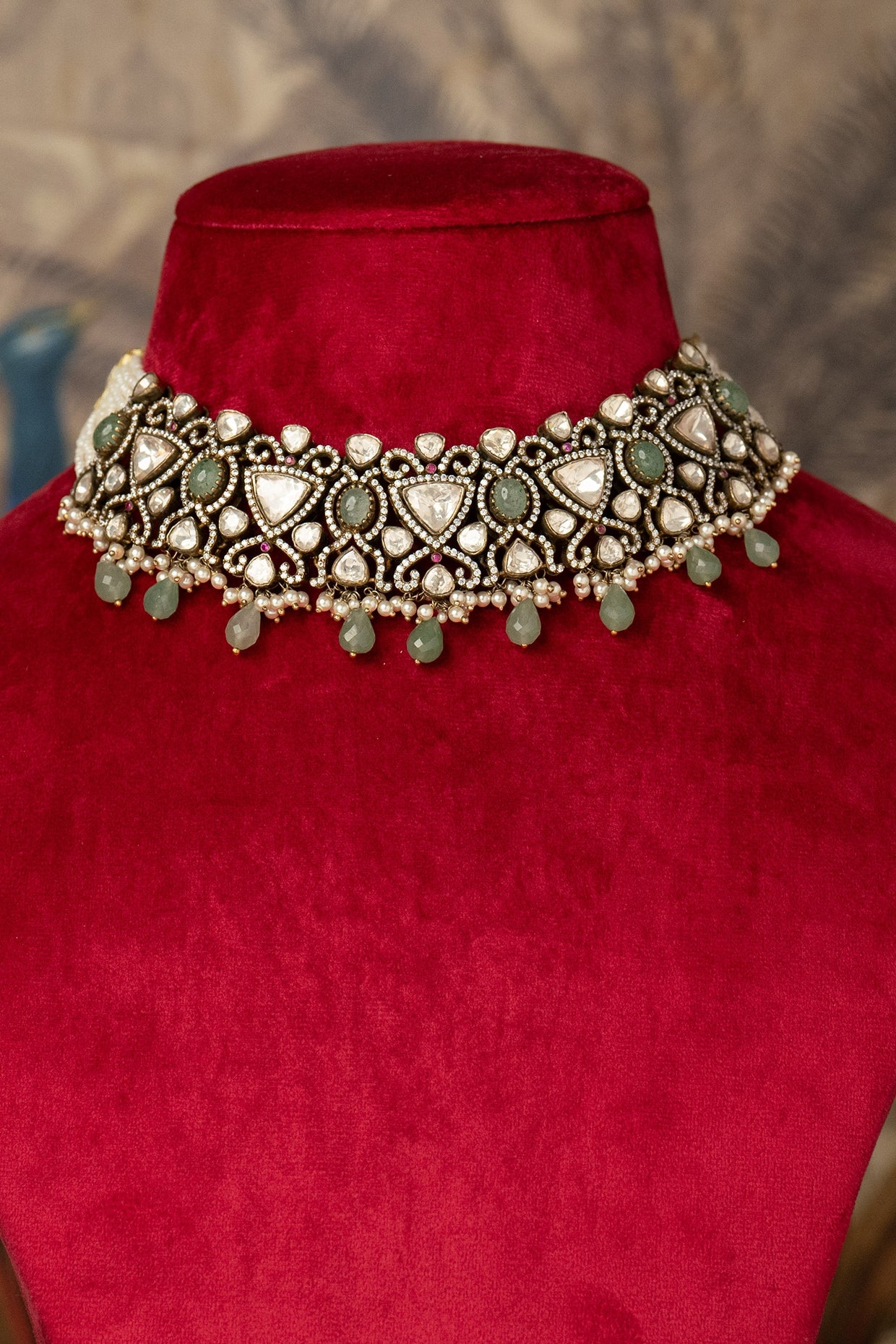 Gold Finish Green Kundan Polki Necklace In Sterling Silver