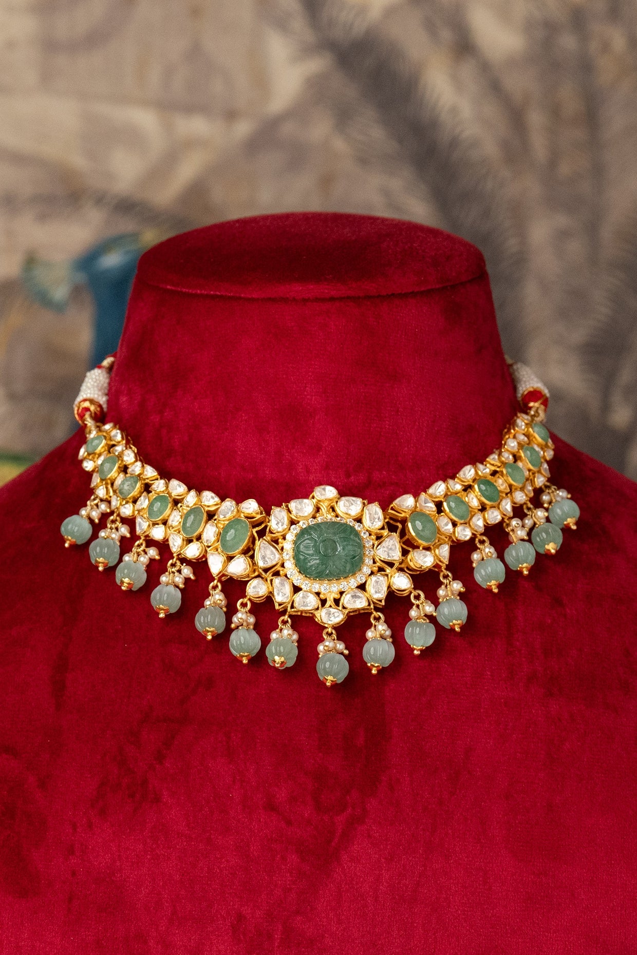 Gold Plated Green Kundan Polki Necklace In Sterling Silver