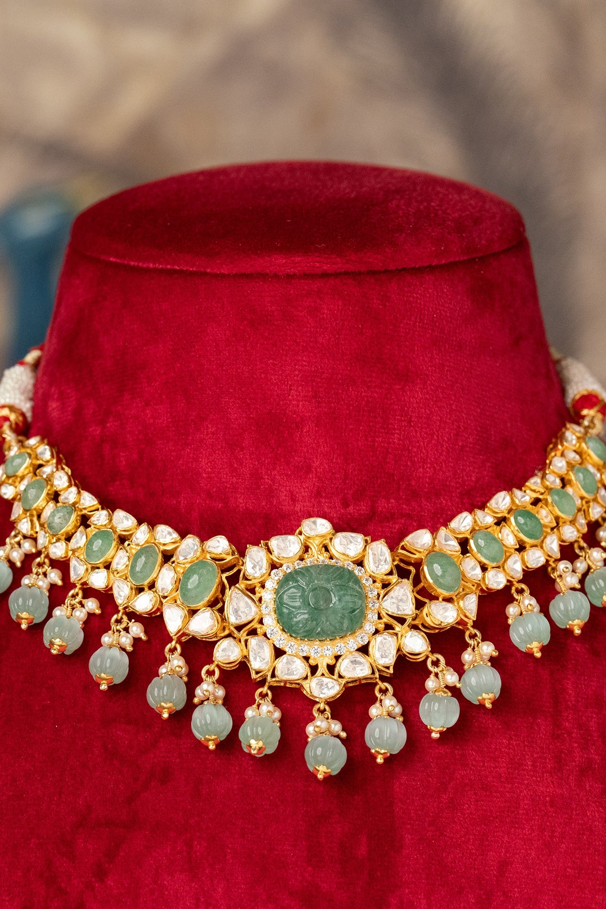 Gold Plated Green Kundan Polki Necklace In Sterling Silver