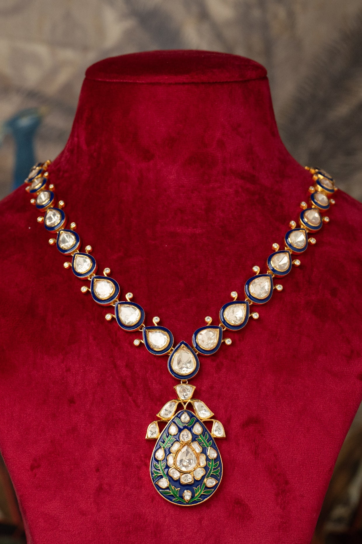 Gold Plated Blue Kundan Polki Necklace In Sterling Silver