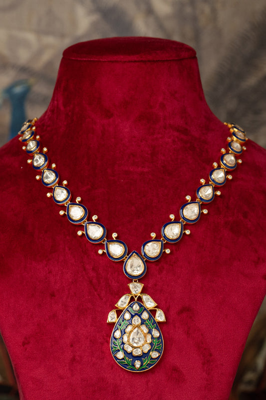 Gold Plated Blue Kundan Polki Necklace In Sterling Silver