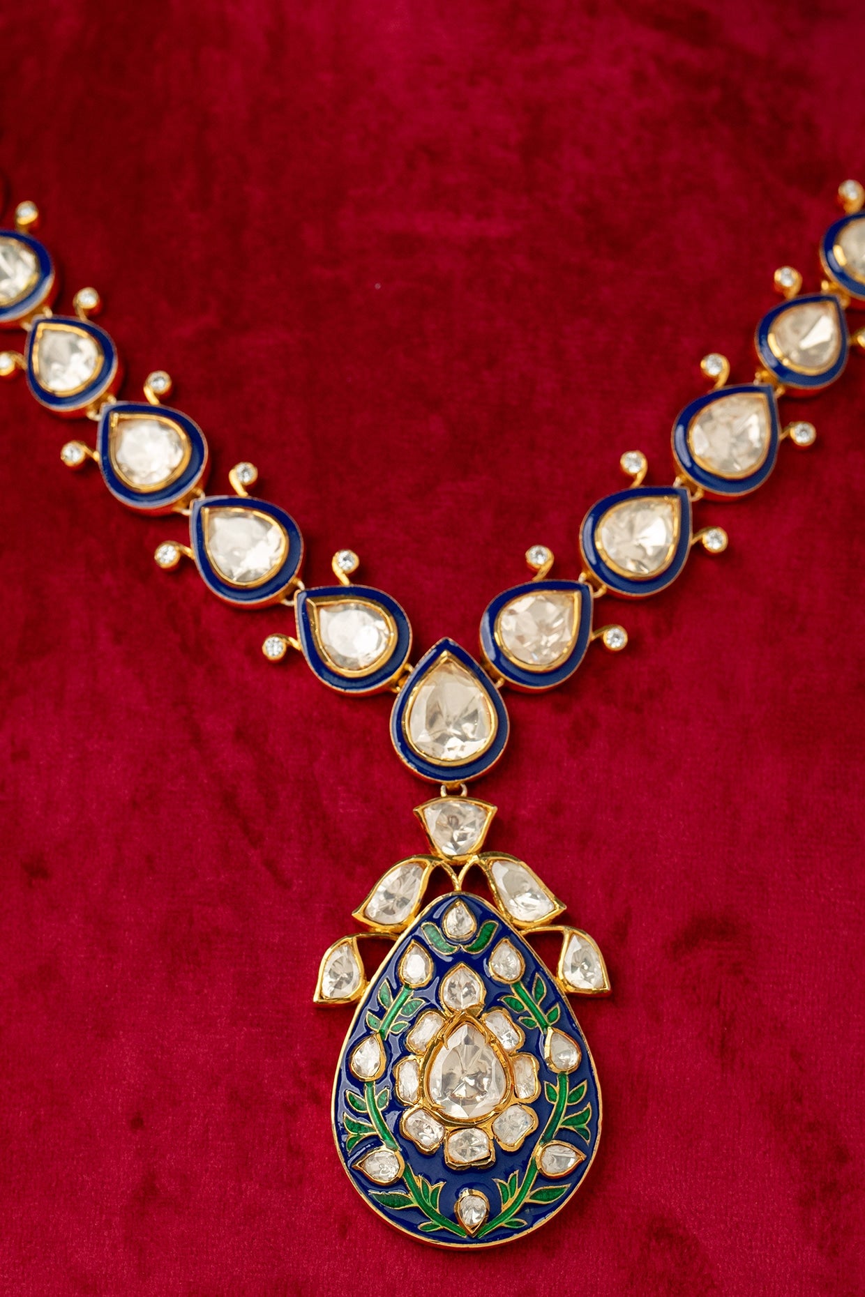 Gold Plated Blue Kundan Polki Necklace In Sterling Silver