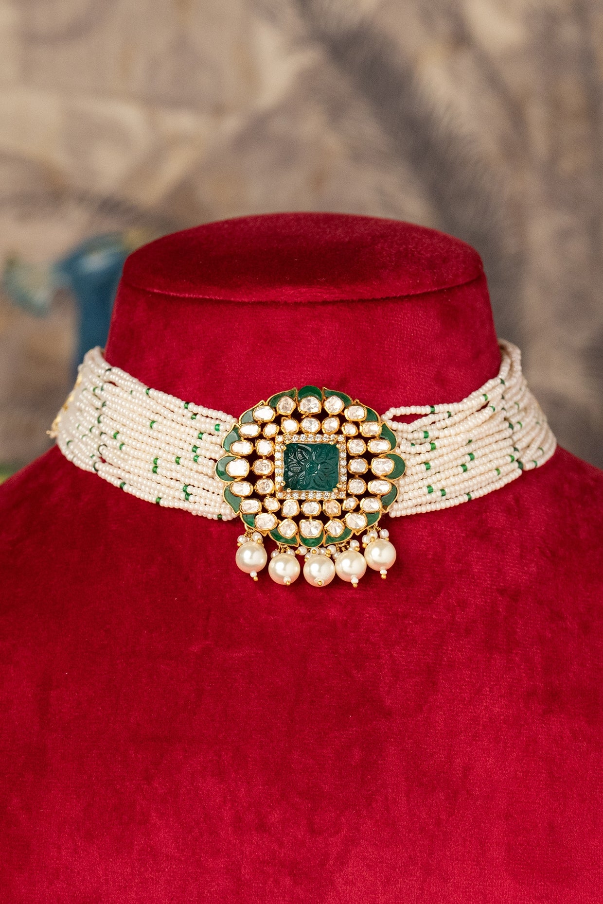 Gold Plated Kundan Polki & Green Stone Choker Necklace In Sterling Silver