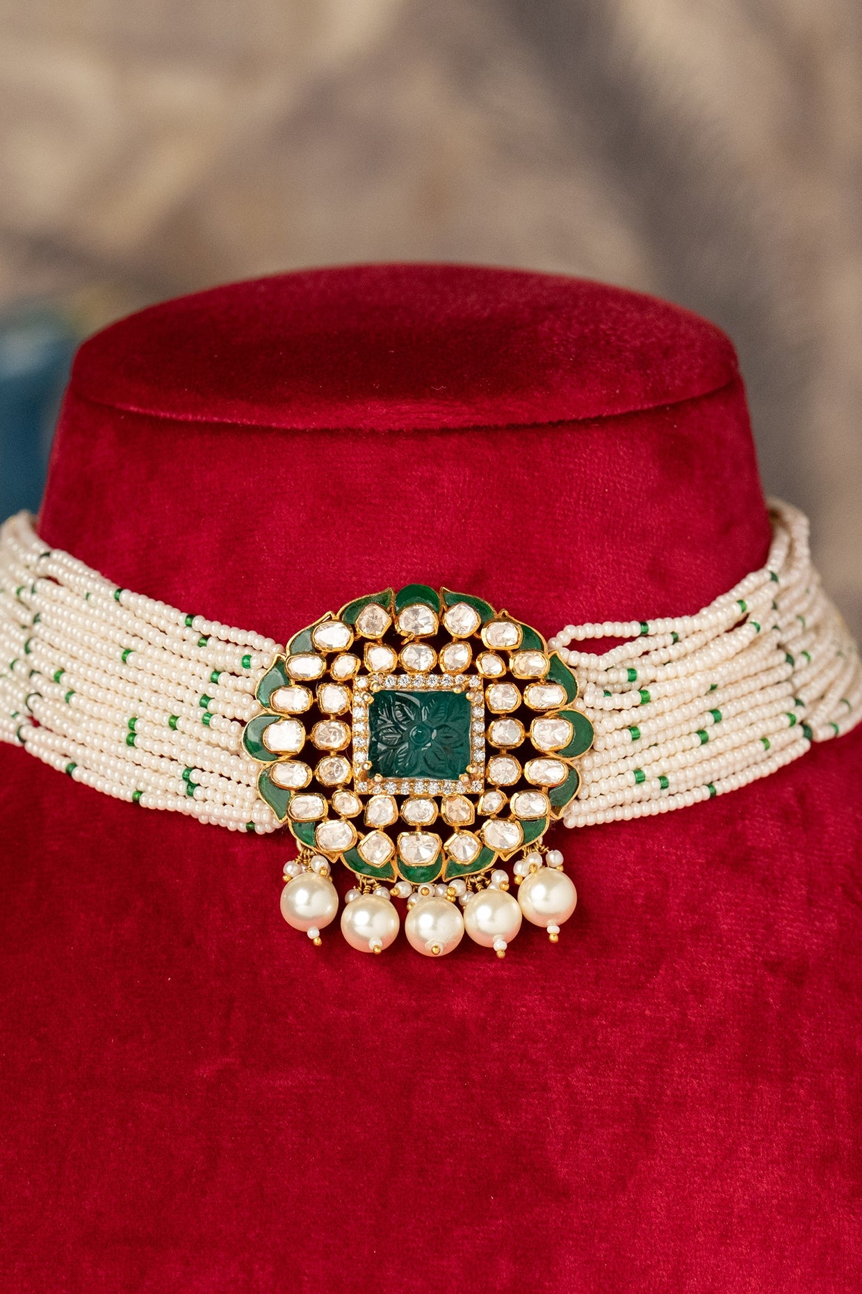 Gold Plated Kundan Polki & Green Stone Choker Necklace In Sterling Silver