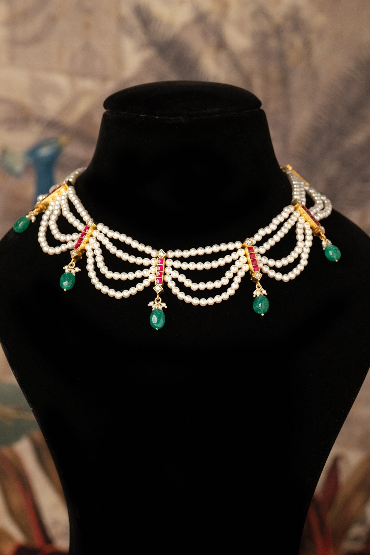 Gold Plated Green Kundan Polki Necklace In Sterling Silver