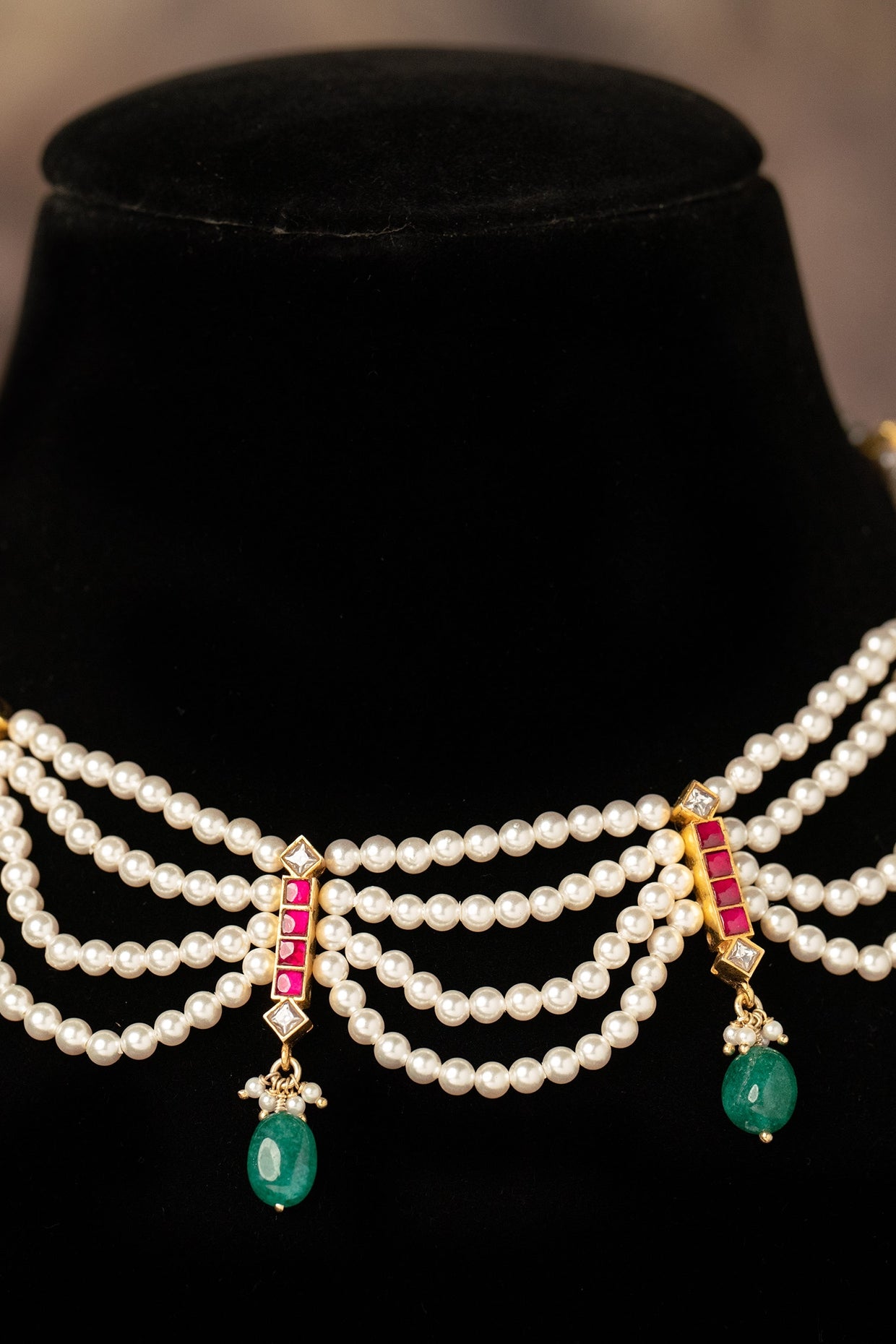 Gold Plated Green Kundan Polki Necklace In Sterling Silver