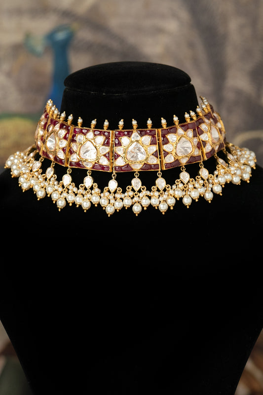 Gold Plated Red Kundan Polki Necklace In Sterling Silver