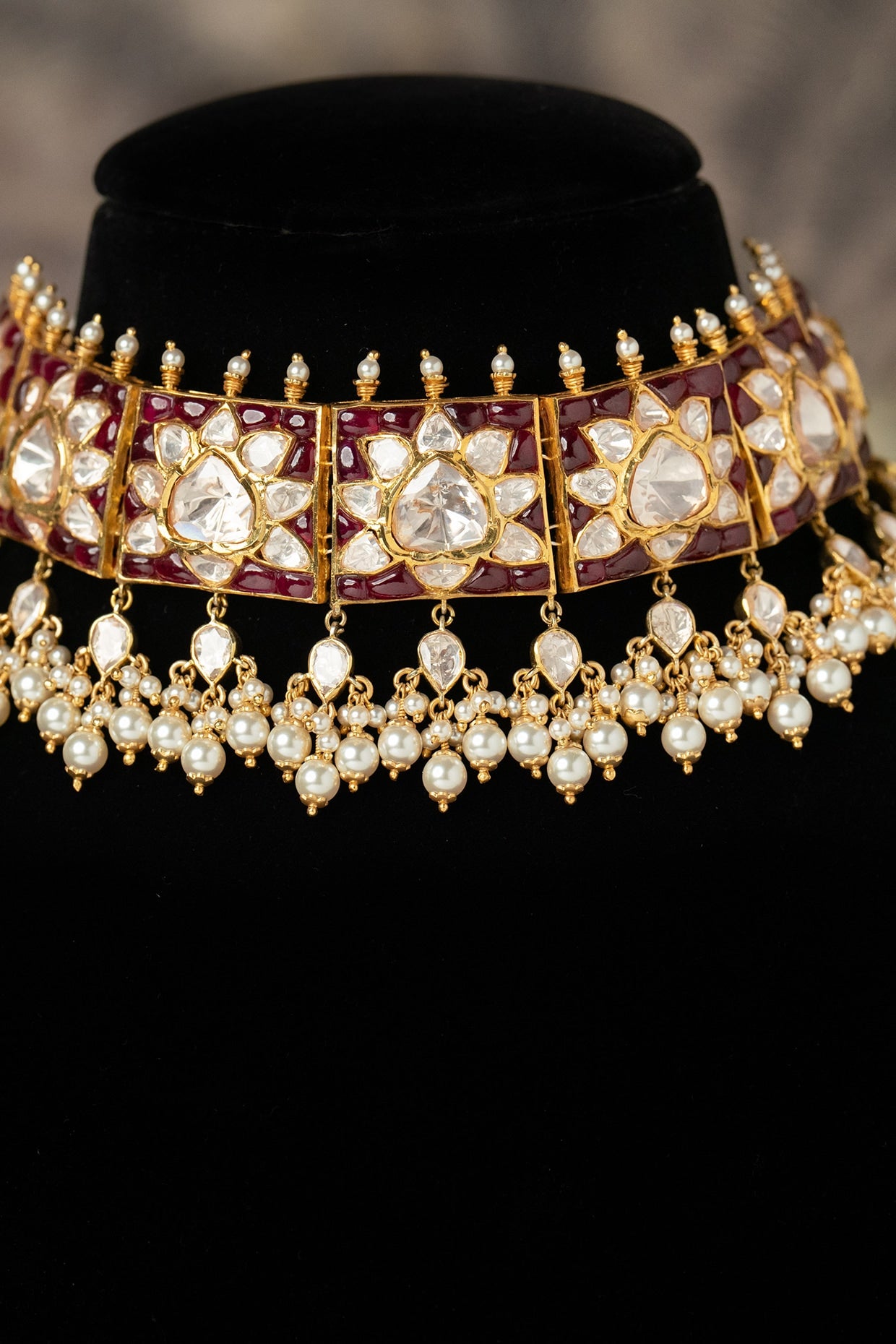 Gold Plated Red Kundan Polki Necklace In Sterling Silver