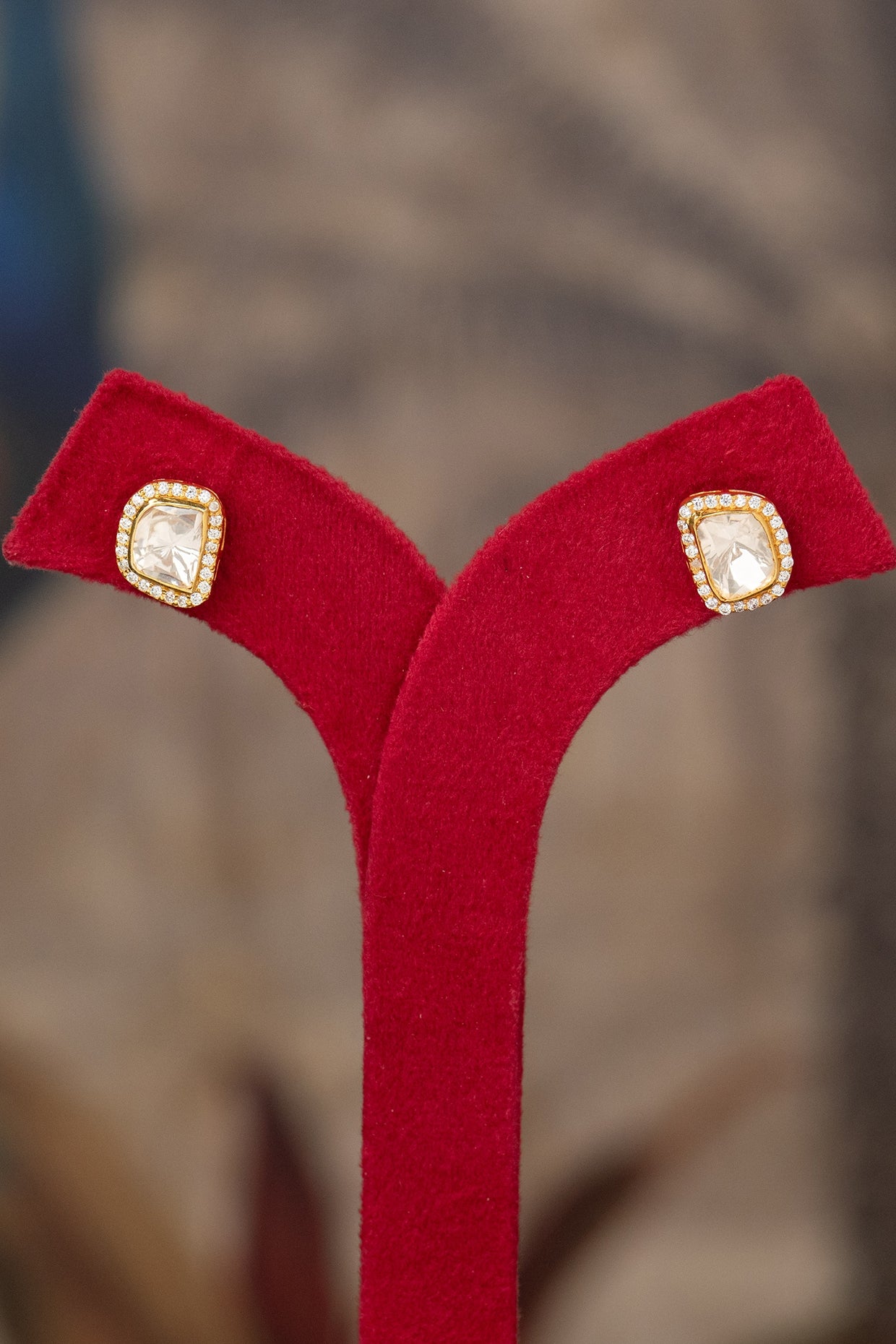 Gold Plated White Kundan Polki Stud Earrings In Sterling Silver