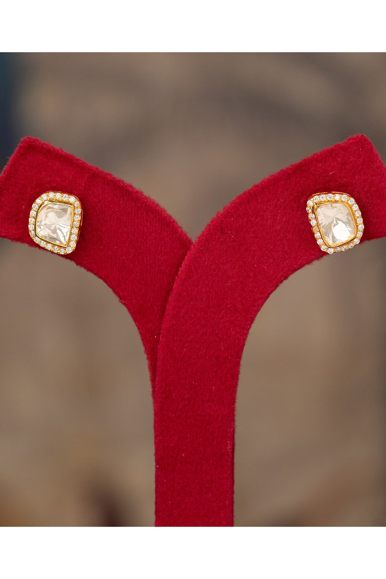 Gold Plated White Kundan Polki Stud Earrings In Sterling Silver