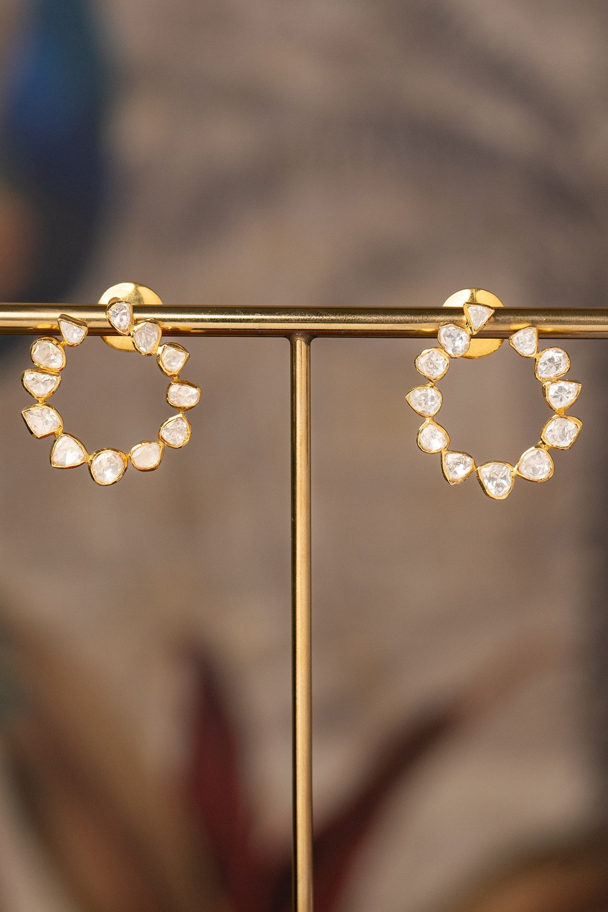 Gold Plated White Kundan Polki Stud Earrings In Sterling Silver