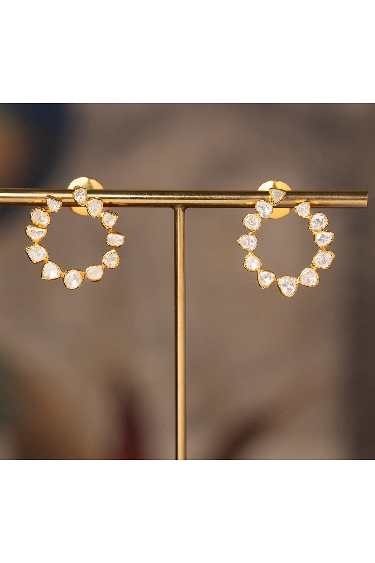 Gold Plated White Kundan Polki Stud Earrings In Sterling Silver