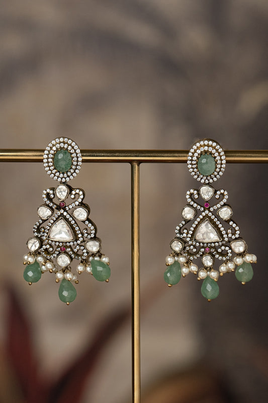 Gold Finish Green Kundan Polki Dangler Earrings In Sterling Silver