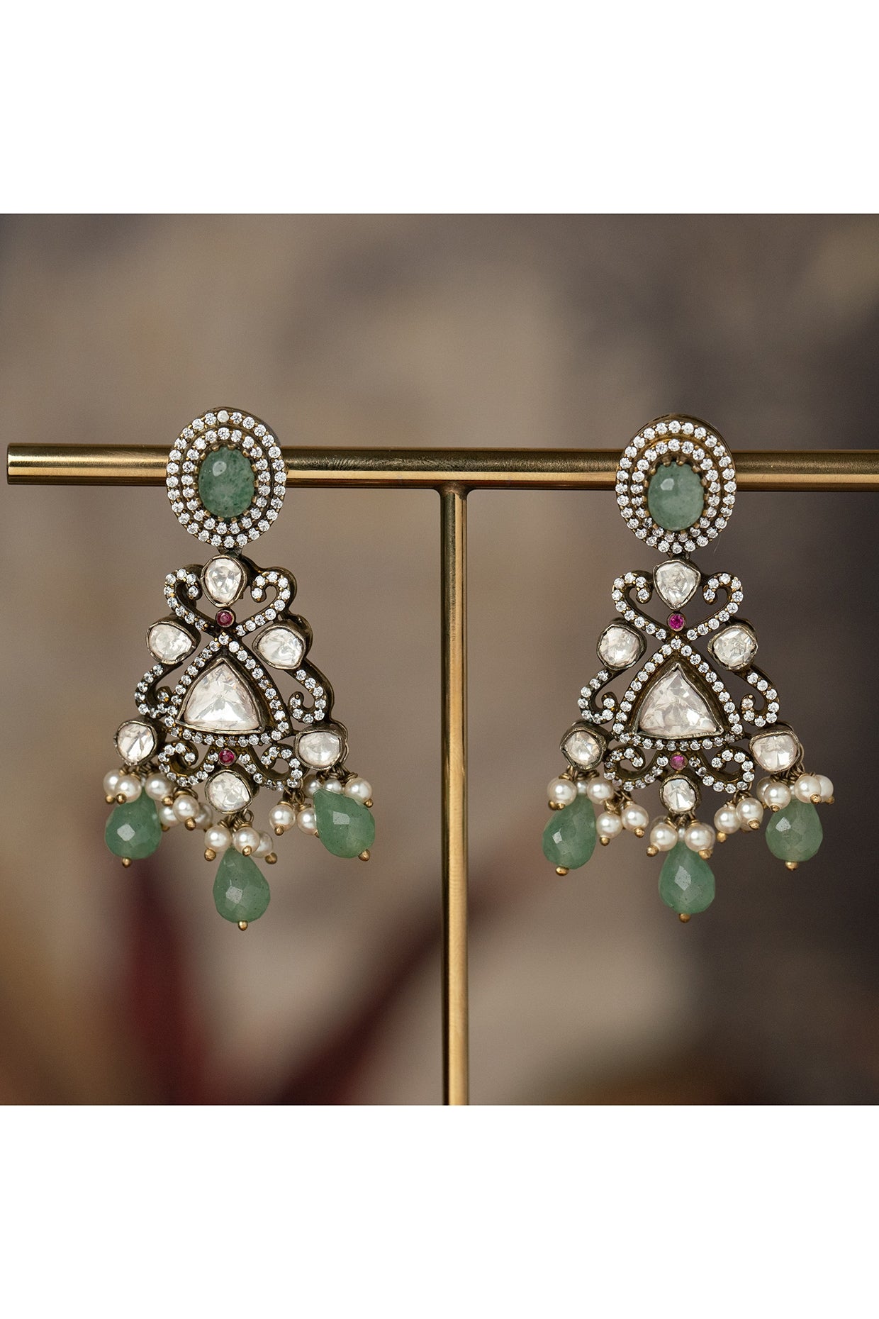 Gold Finish Green Kundan Polki Dangler Earrings In Sterling Silver