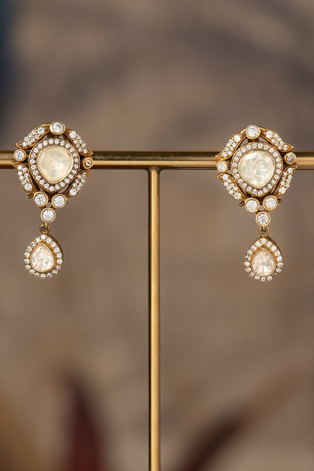 Gold Finish White Kundan Polki Dangler Earrings In Sterling Silver