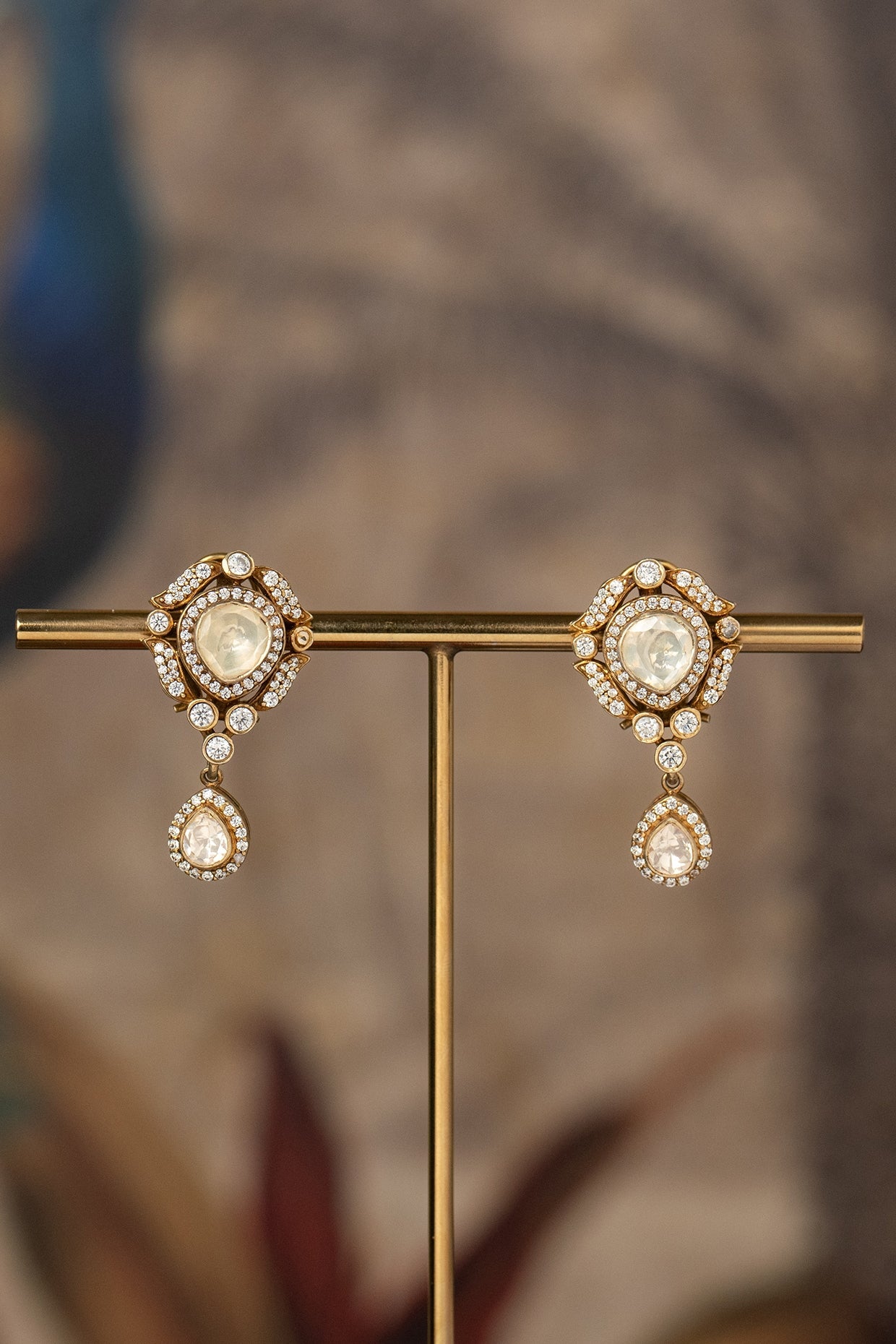 Gold Finish White Kundan Polki Dangler Earrings In Sterling Silver