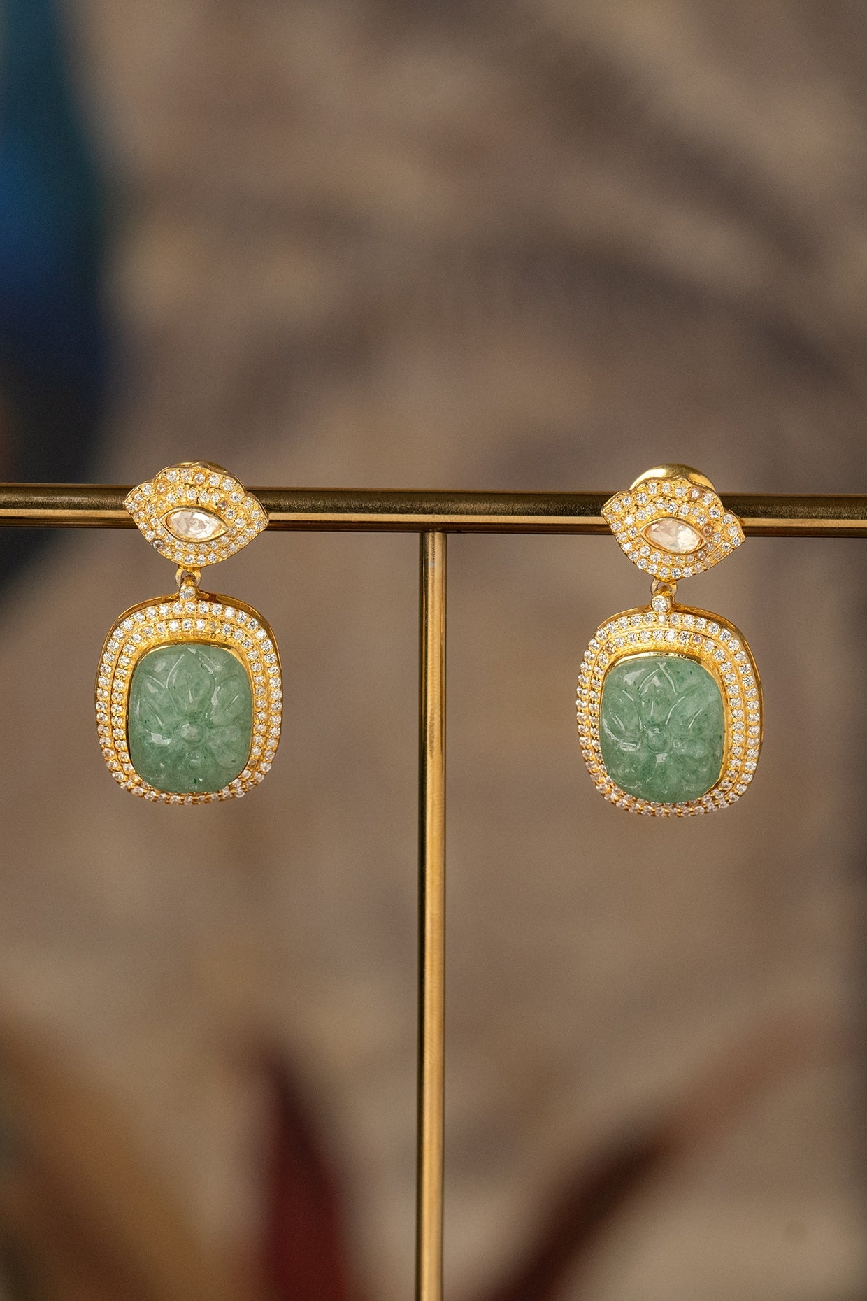 Gold Plated Green Kundan Polki Dangler Earrings In Sterling Silver