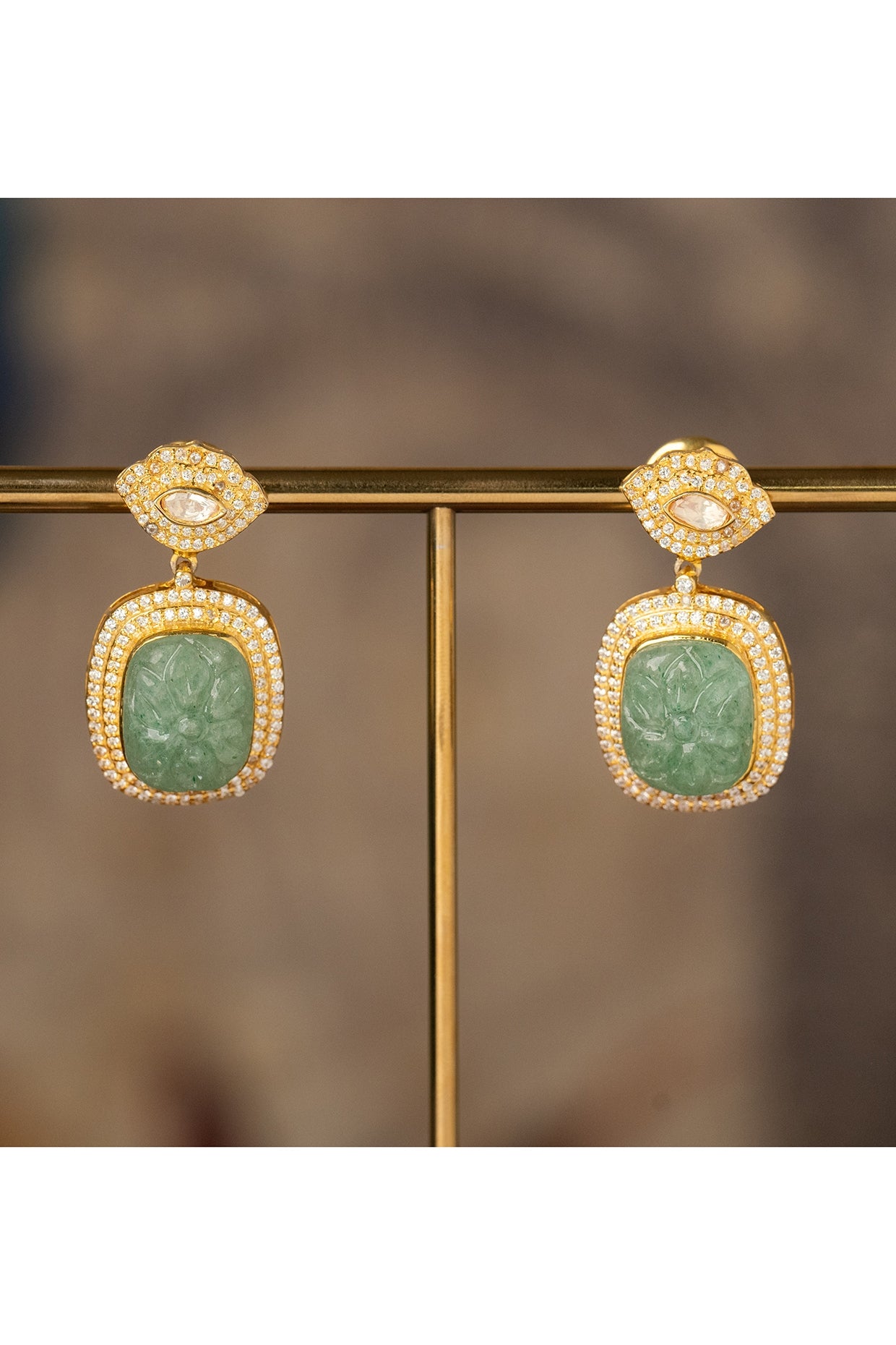 Gold Plated Green Kundan Polki Dangler Earrings In Sterling Silver