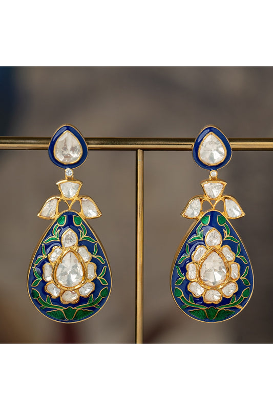 Gold Plated Blue Kundan Polki Dangler Earrings In Sterling Silver