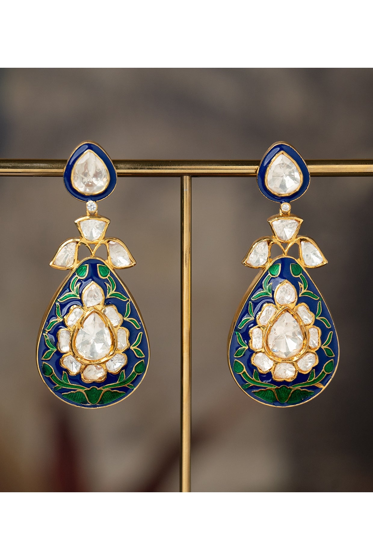 Gold Plated Blue Kundan Polki Dangler Earrings In Sterling Silver