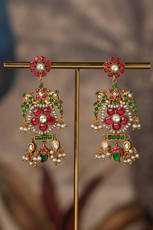 Gold Plated Multi-Colored Kundan Polki Dangler Earrings In Sterling Silver