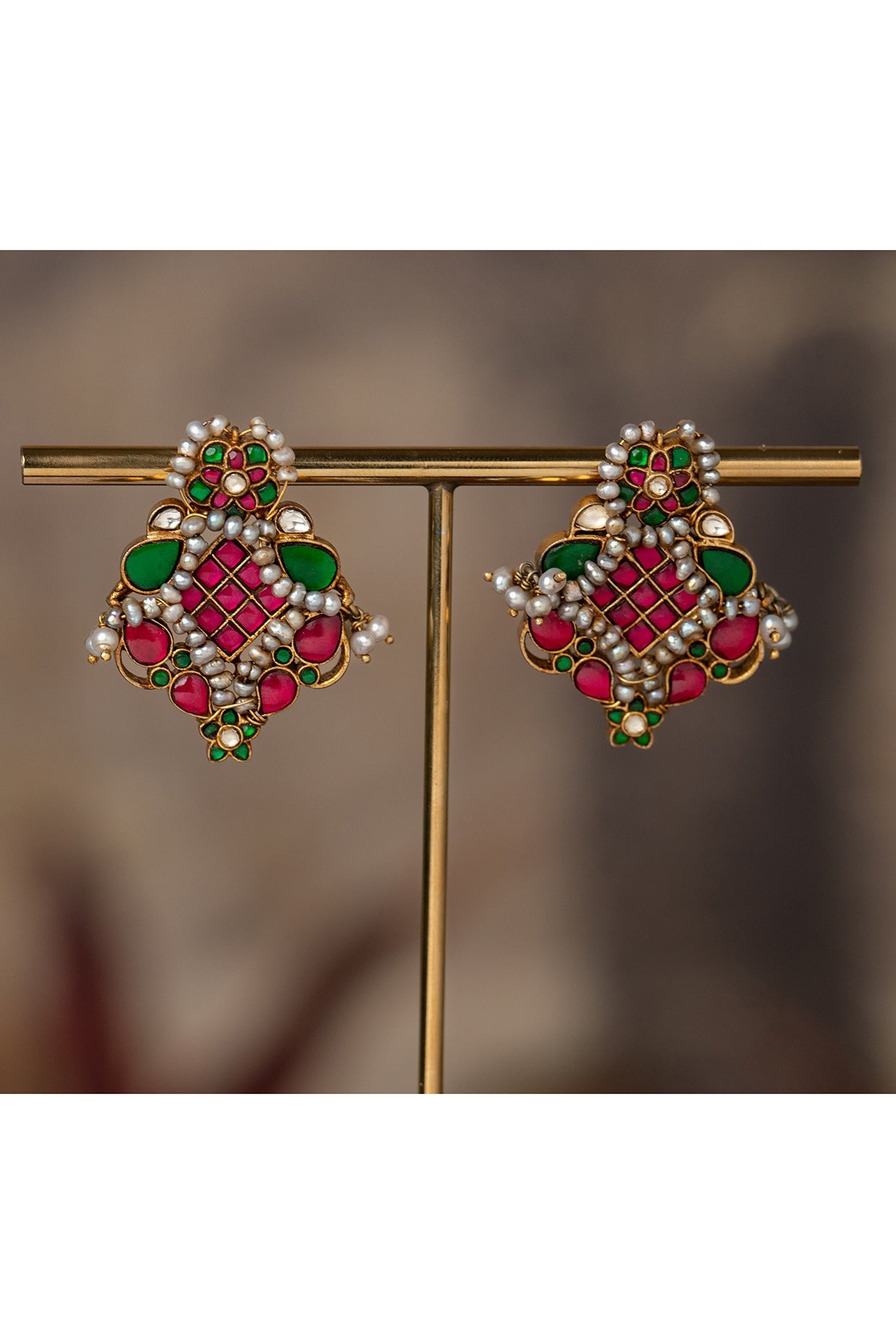 Gold Plated Multi-Colored Kundan Polki Dangler Earrings In Sterling Silver