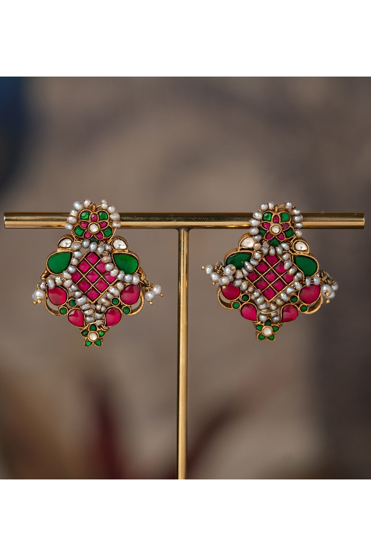 Gold Plated Multi-Colored Kundan Polki Dangler Earrings In Sterling Silver