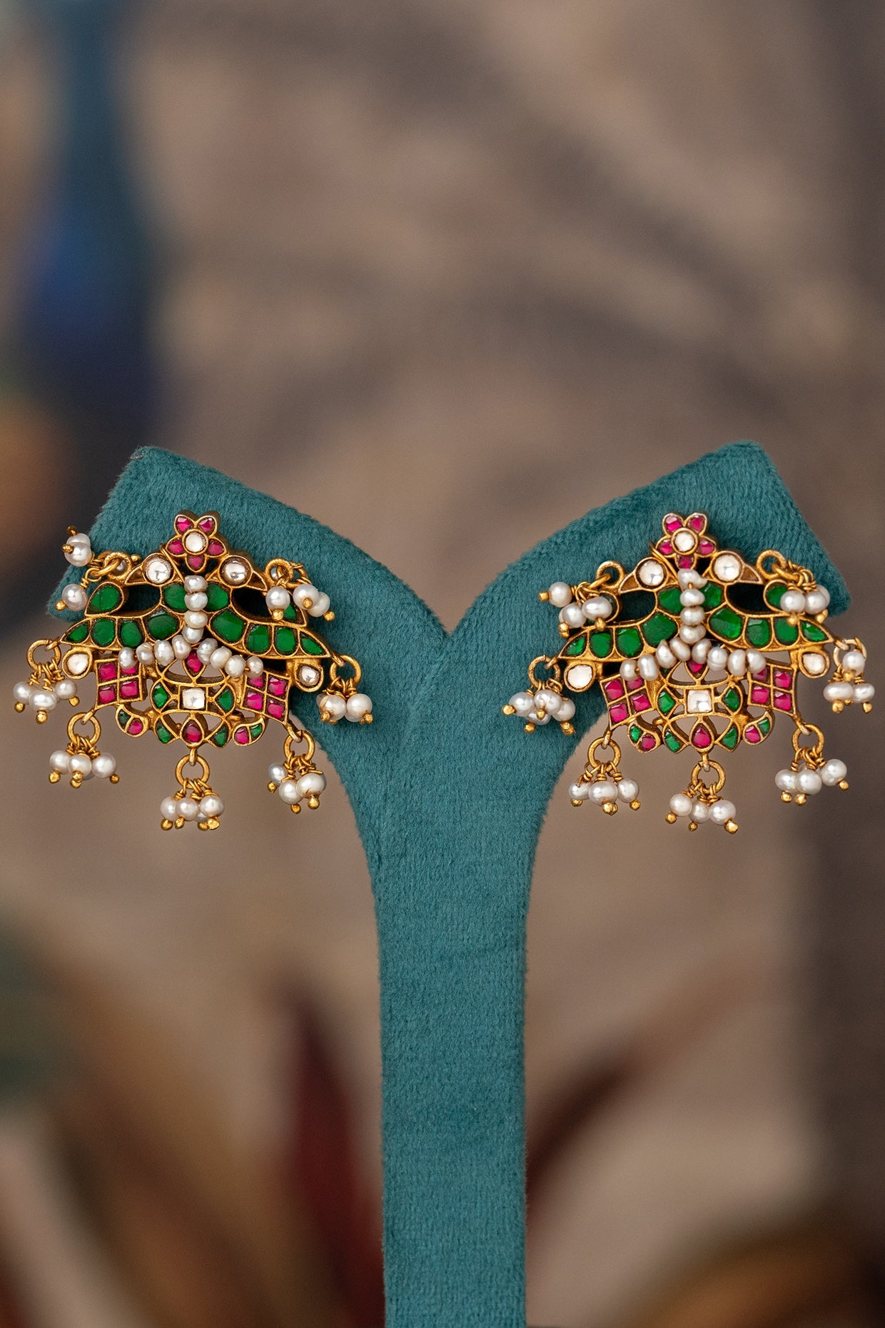 Gold Plated Multi-Colored Kundan Polki Dangler Earrings In Sterling Silver