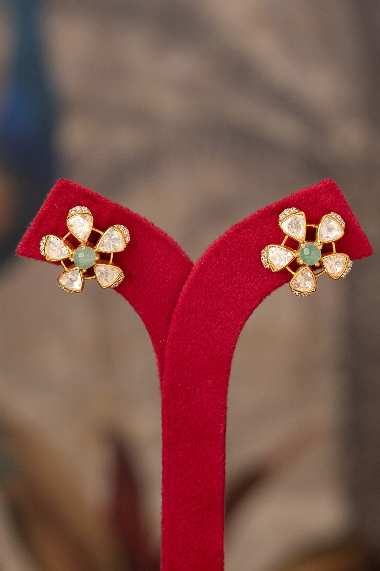 Gold Plated Green Kundan Polki Stud Earrings In Sterling Silver