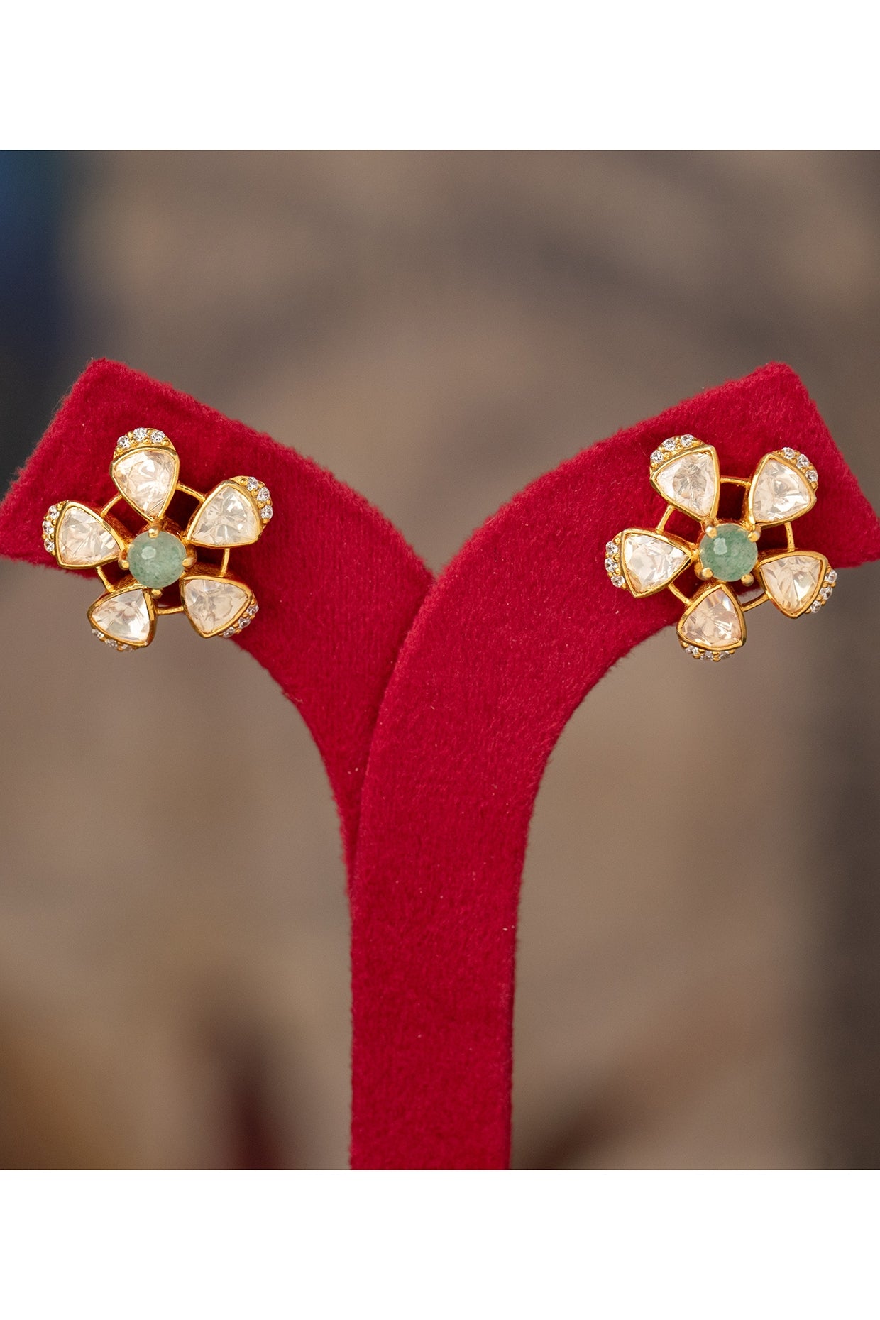 Gold Plated Green Kundan Polki Stud Earrings In Sterling Silver