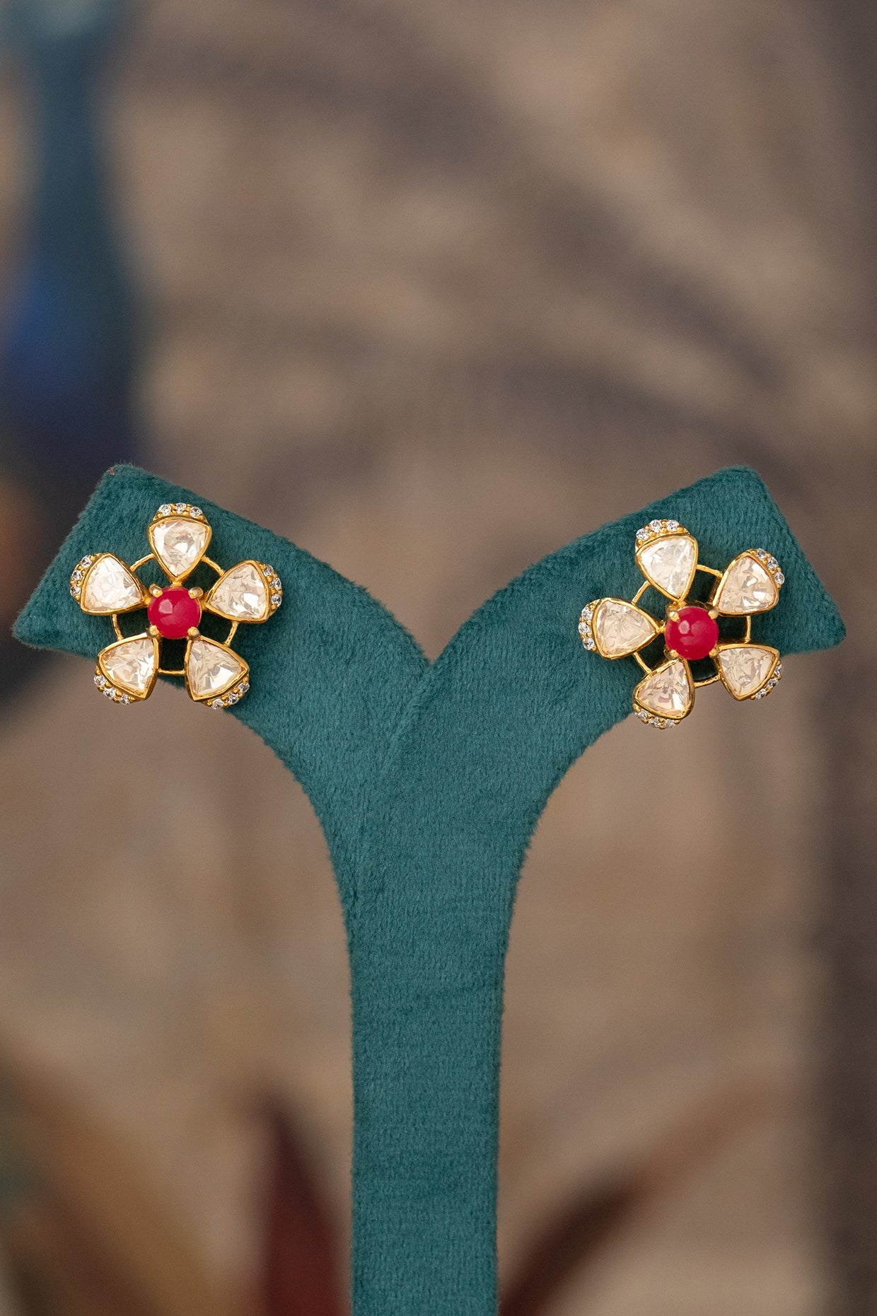 Gold Plated Pink Kundan Polki Stud Earrings In Sterling Silver