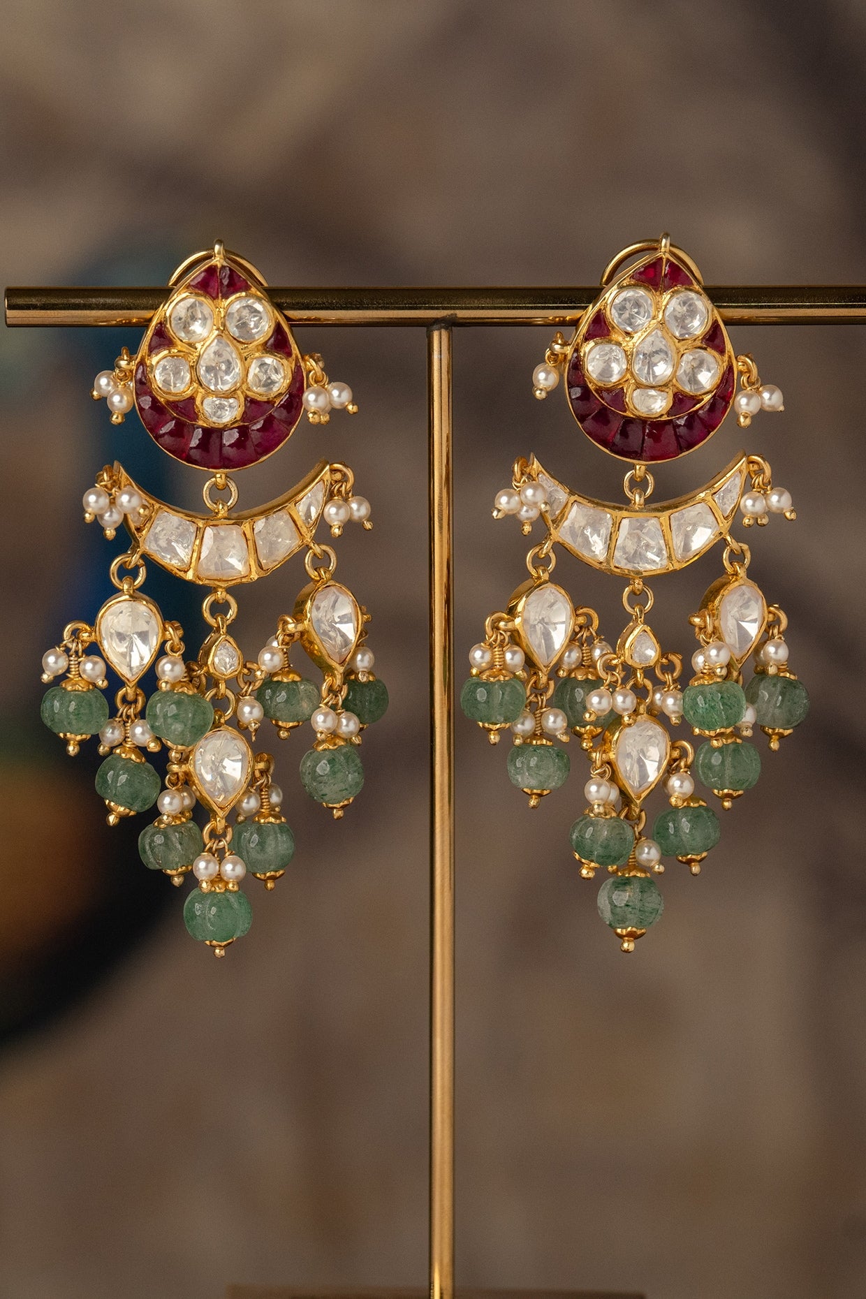 Gold Plated Multi-Colored Kundan Polki Dangler Earrings In Sterling Silver