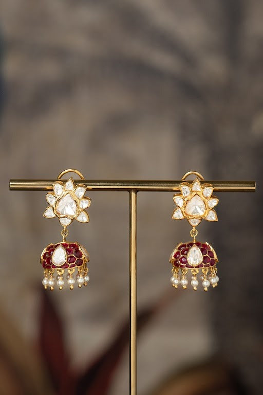 Gold Plated Red Kundan Polki Dangler Earrings In Sterling Silver