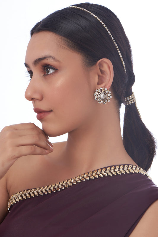 Gold Finish Kundan Polki & Synthetic Stone Stud Earrings