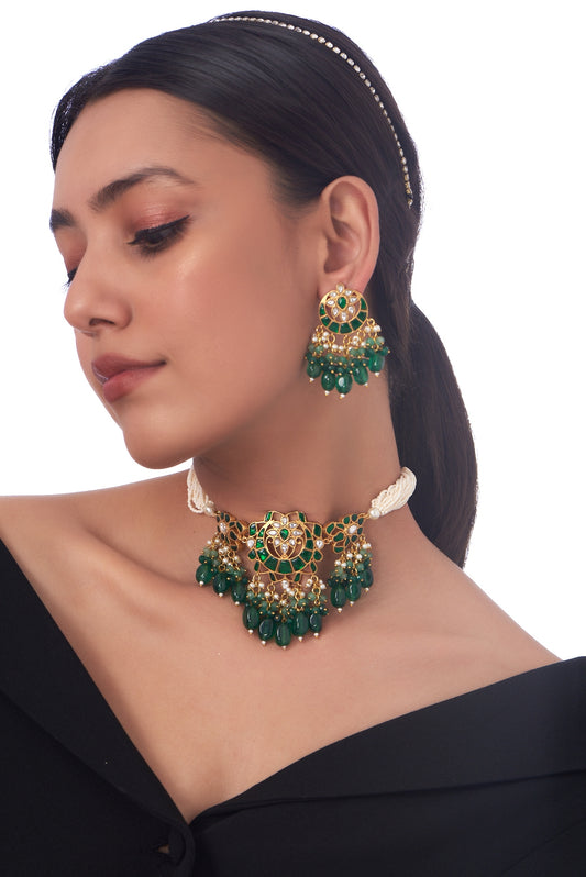 Gold Finish Kundan Polki & Green Beaded Necklace Set