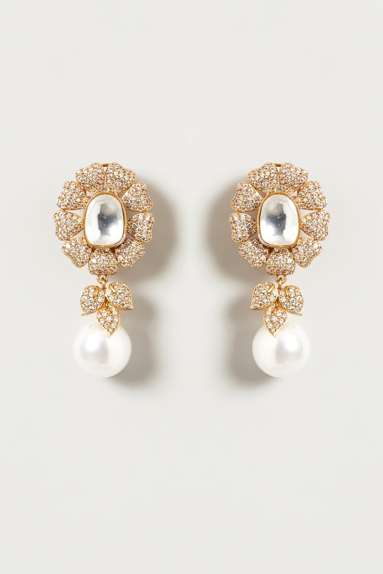 Gold Finish Pearl & Kundan Polki Dangler Earrings