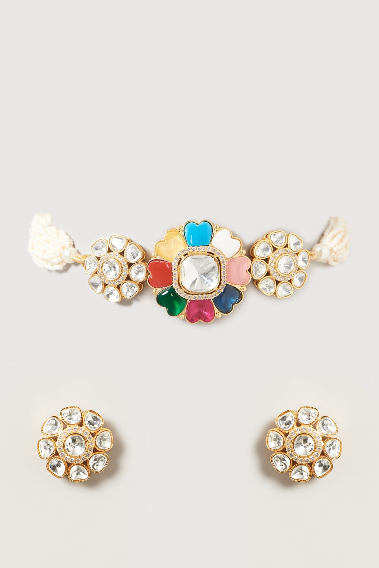 Gold Finish Pachi Kundan Polki & Multi-Colored Stone Choker Necklace Set