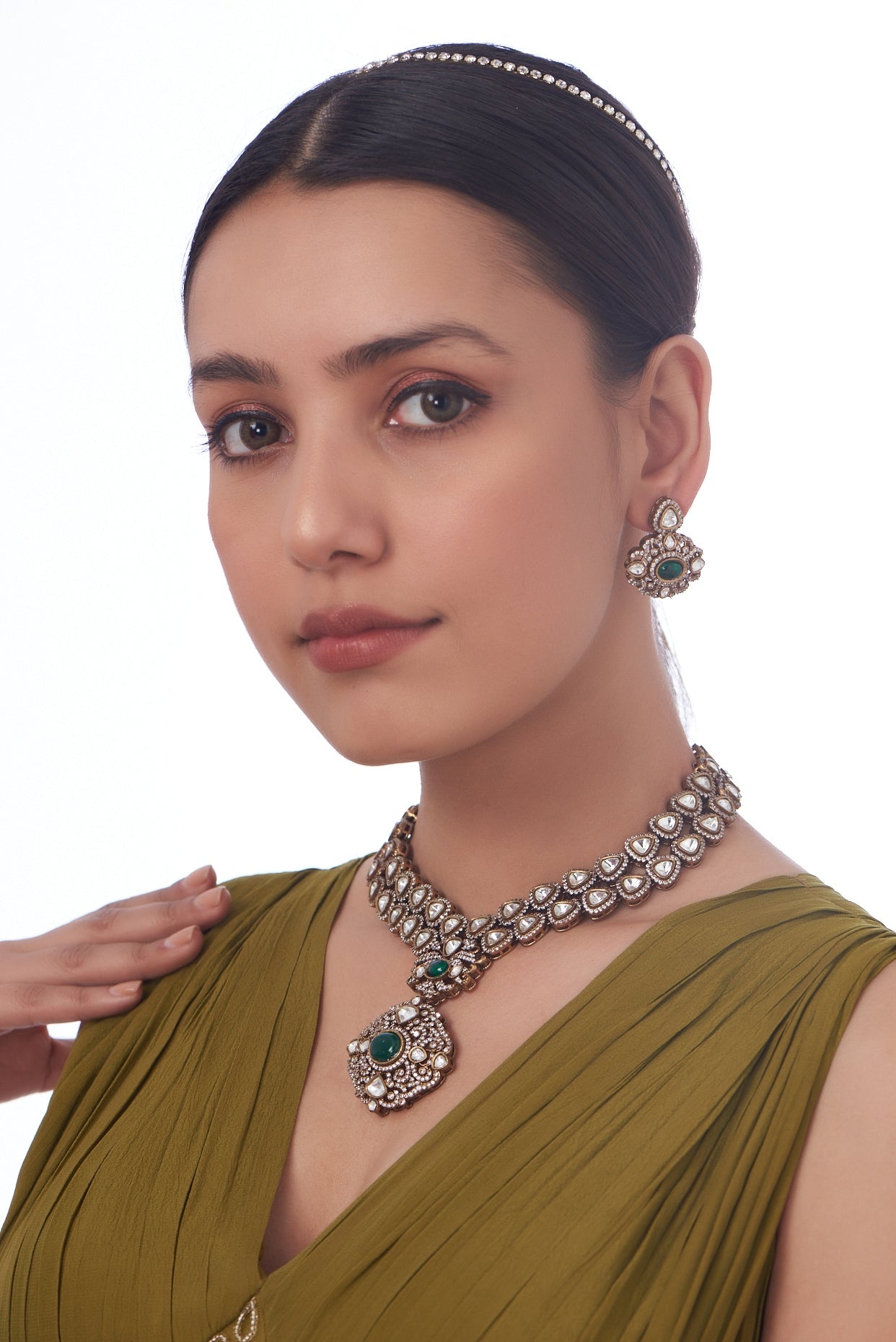 Black Rhodium Finish Kundan Polki & Emerald Synthetic Stone Necklace Set