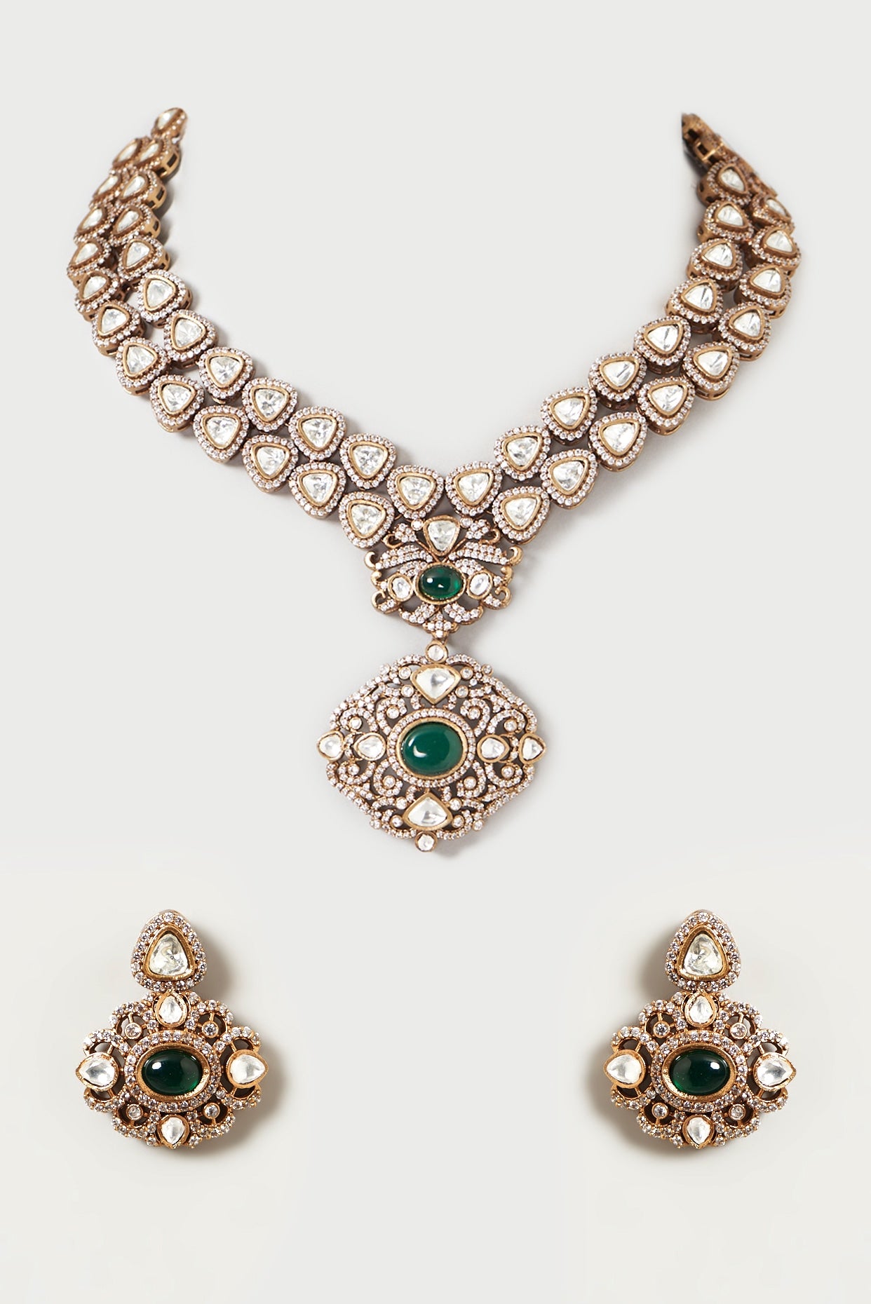 Black Rhodium Finish Kundan Polki & Emerald Synthetic Stone Necklace Set