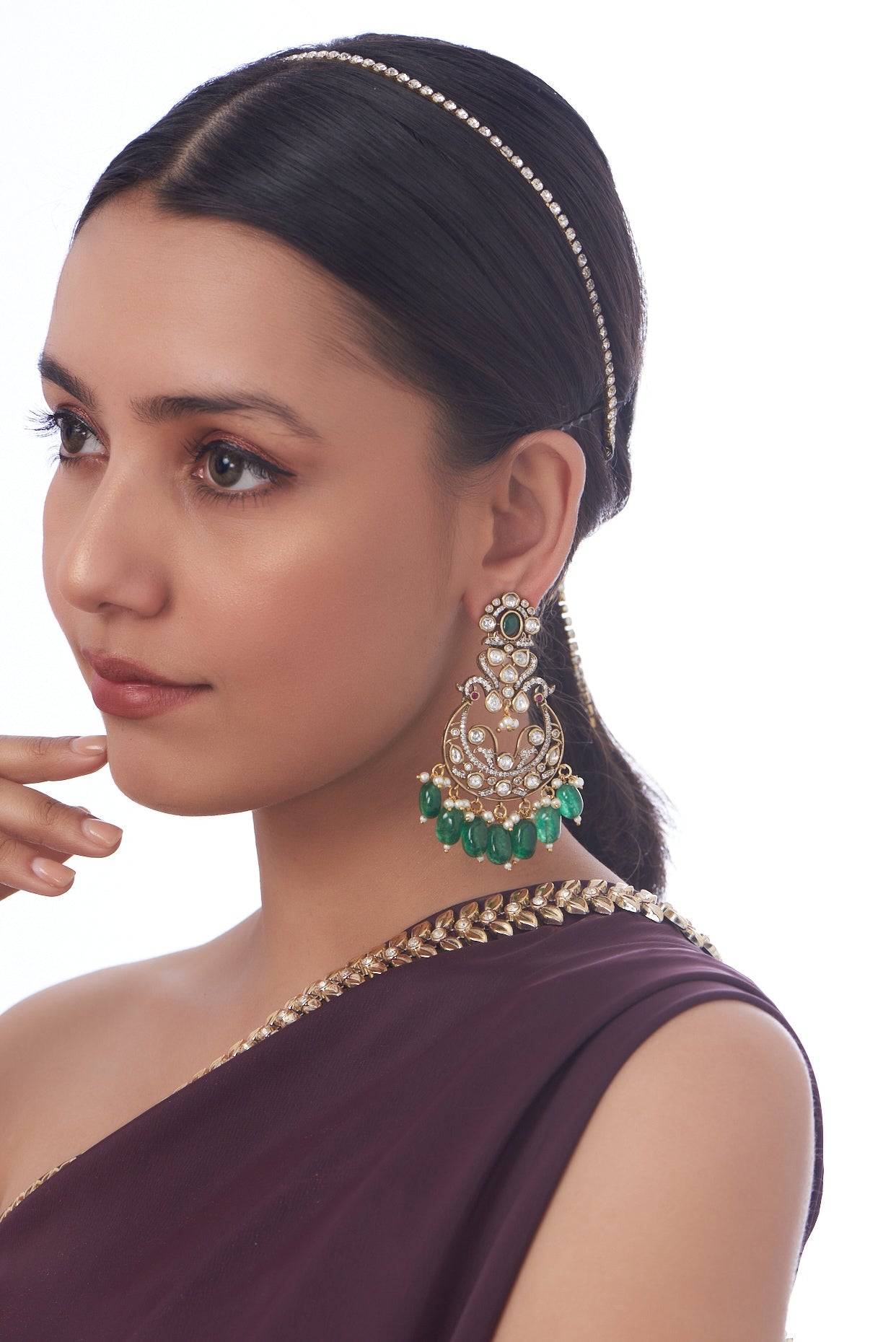 Two Tone Finish Kundan Polki & Green Beaded Dangler Earrings