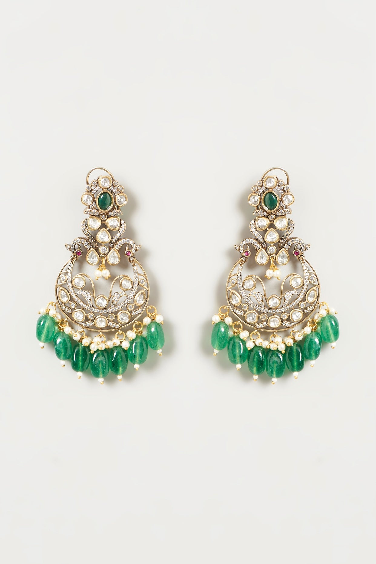 Two Tone Finish Kundan Polki & Green Beaded Dangler Earrings