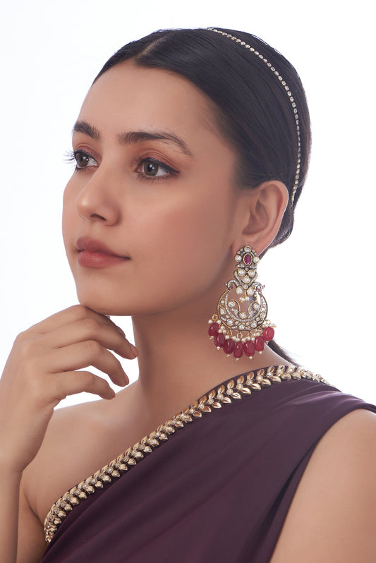 Two Tone Finish Kundan Polki & Red Beaded Dangler Earrings