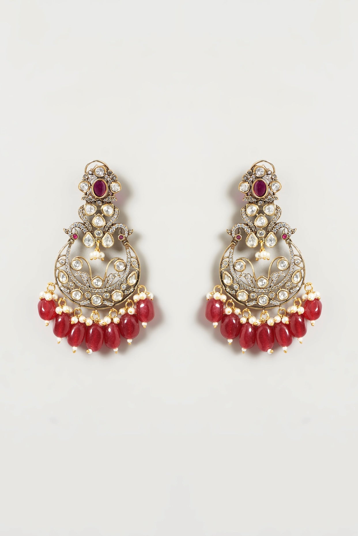 Two Tone Finish Kundan Polki & Red Beaded Dangler Earrings