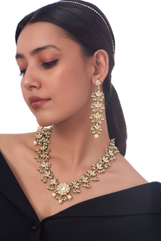 Gold Finish Kundan Polki Long Necklace Set