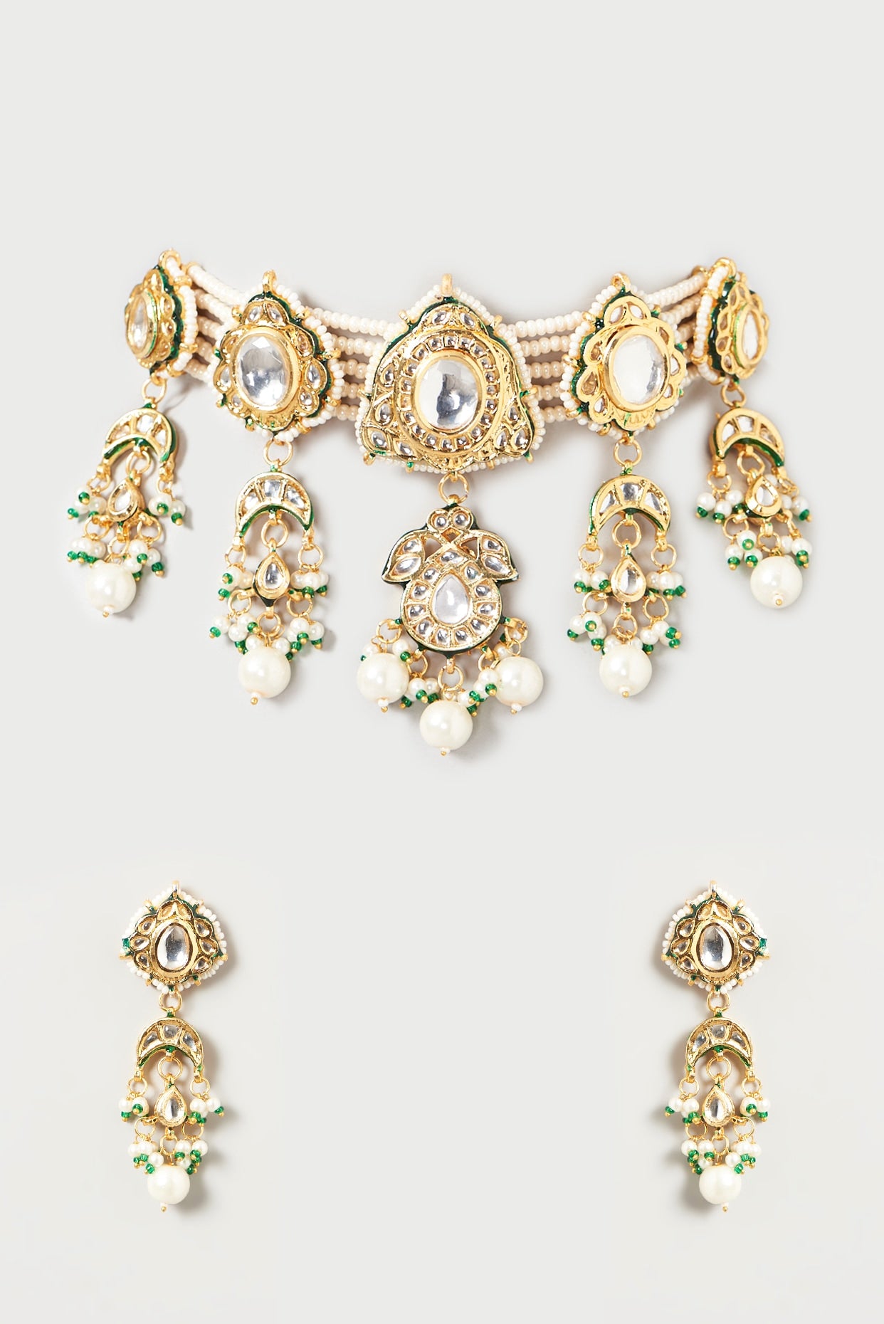 Gold Finish Kundan Polki & Zircon Choker Necklace Set