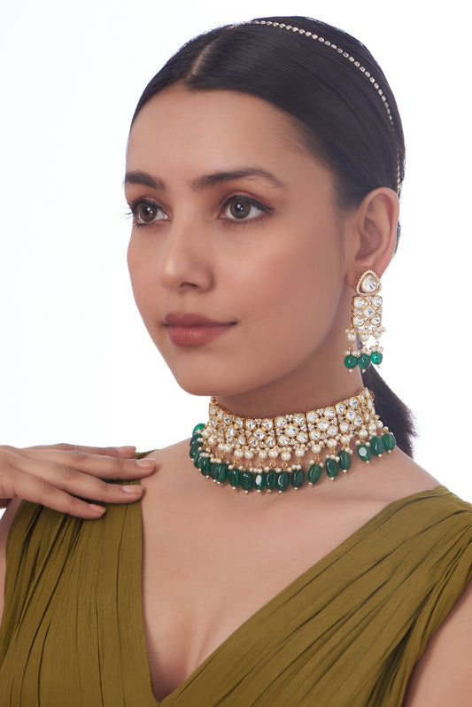 Gold Finish Kundan Polki & Green Beaded Necklace Set