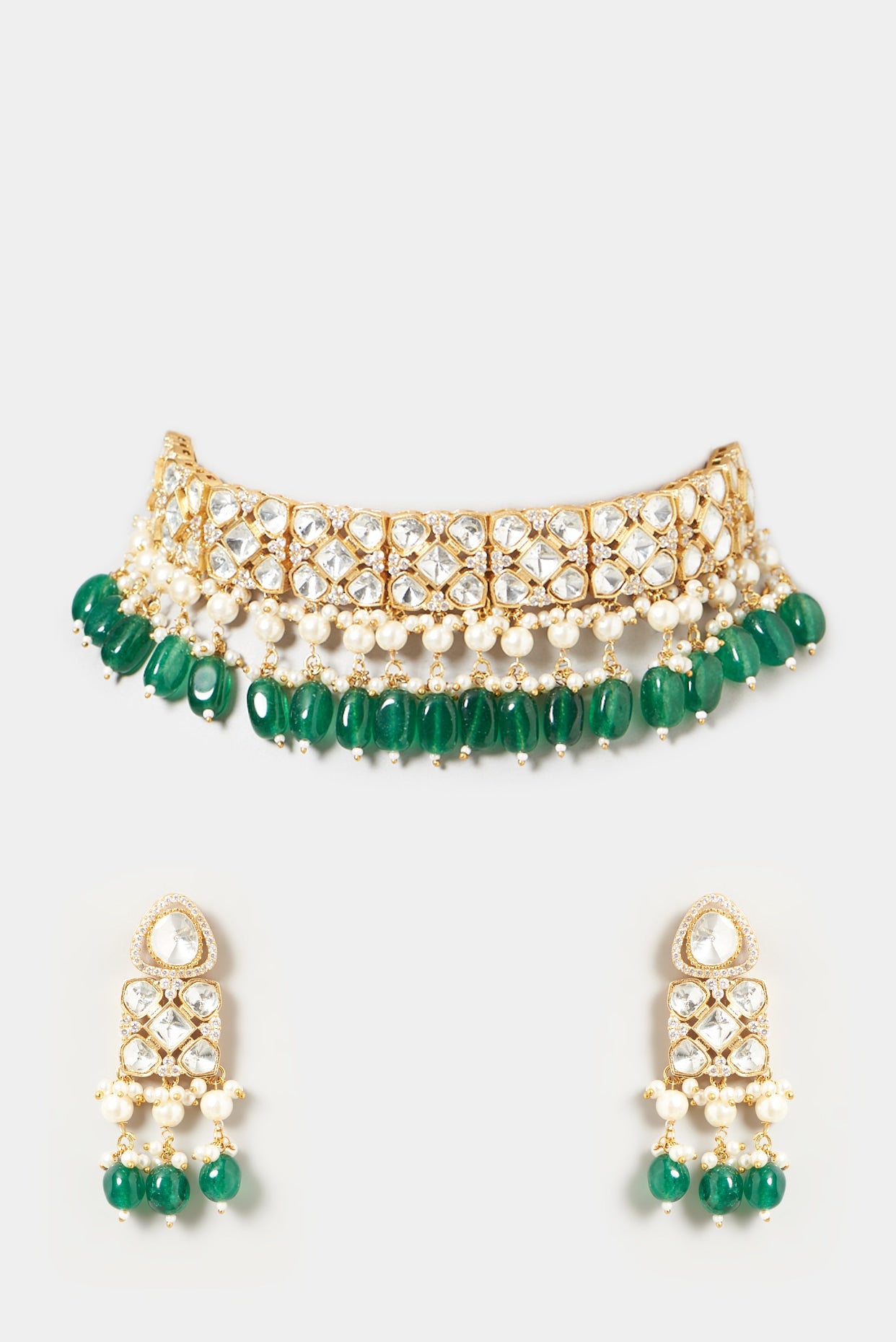 Gold Finish Kundan Polki & Green Beaded Necklace Set