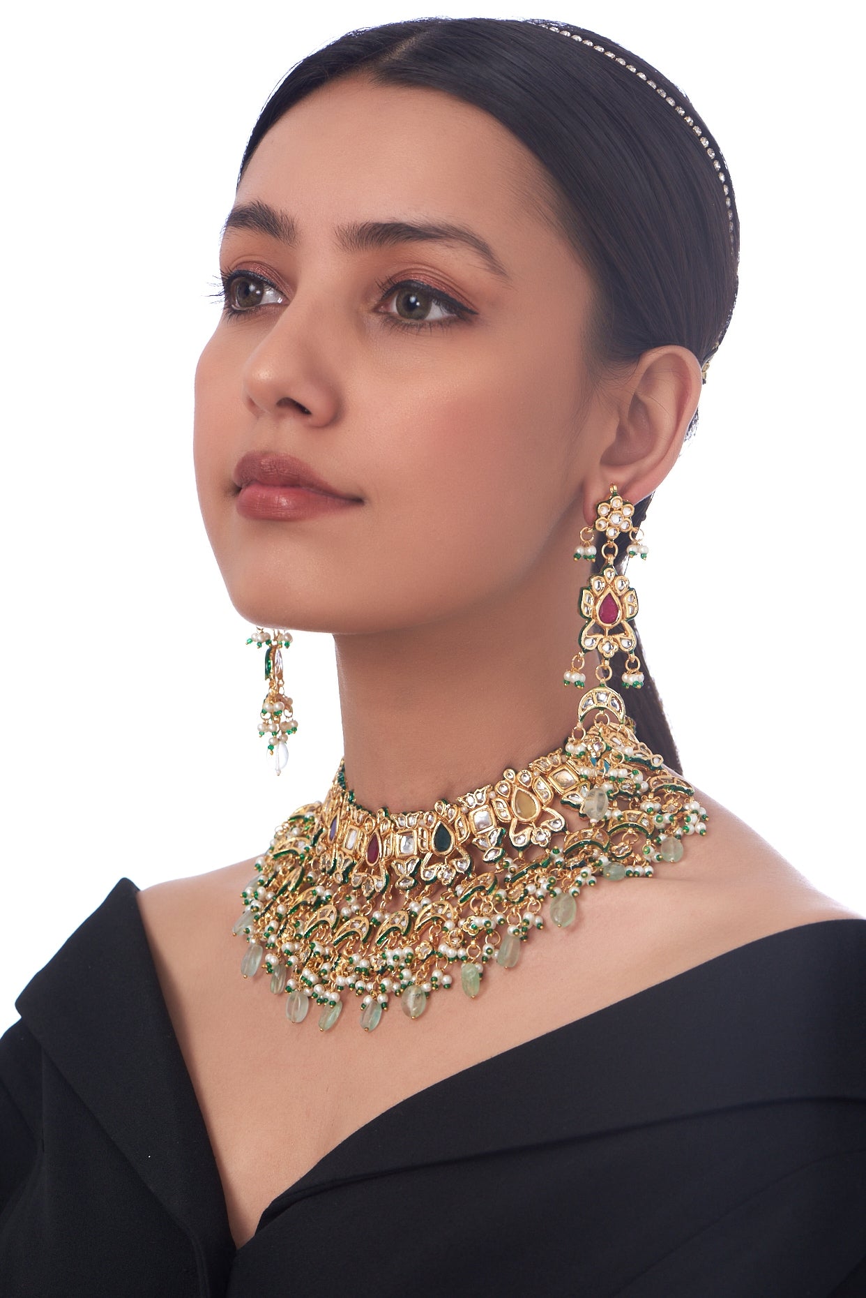 Gold Finish Kundan Polki & Multi-Colored Choker Necklace Set