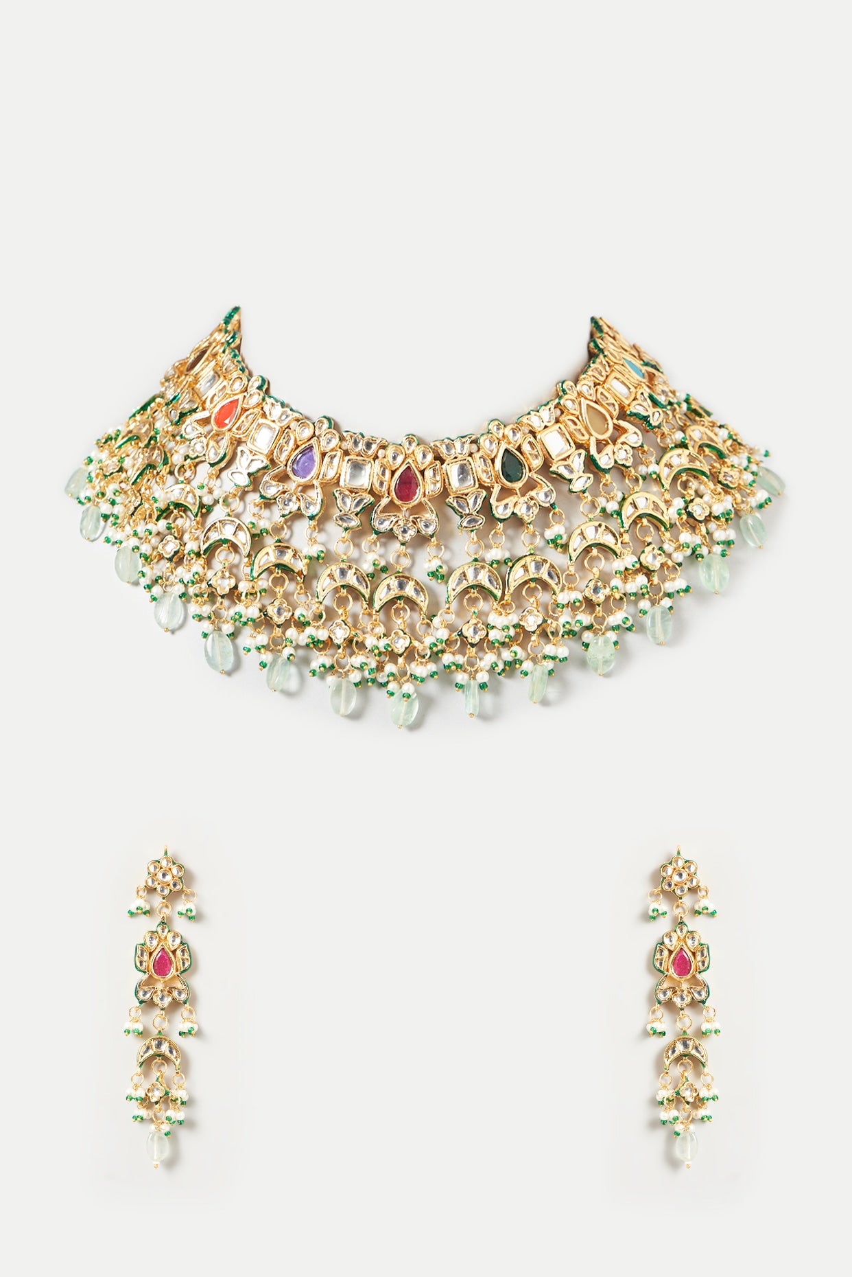 Gold Finish Kundan Polki & Multi-Colored Choker Necklace Set